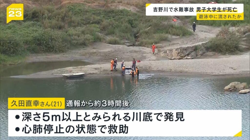 【徳島・吉野川】大学生が川で流され死亡　深さ5m以上とみられる川底で発見　中州に向け泳いだ際に流されたか